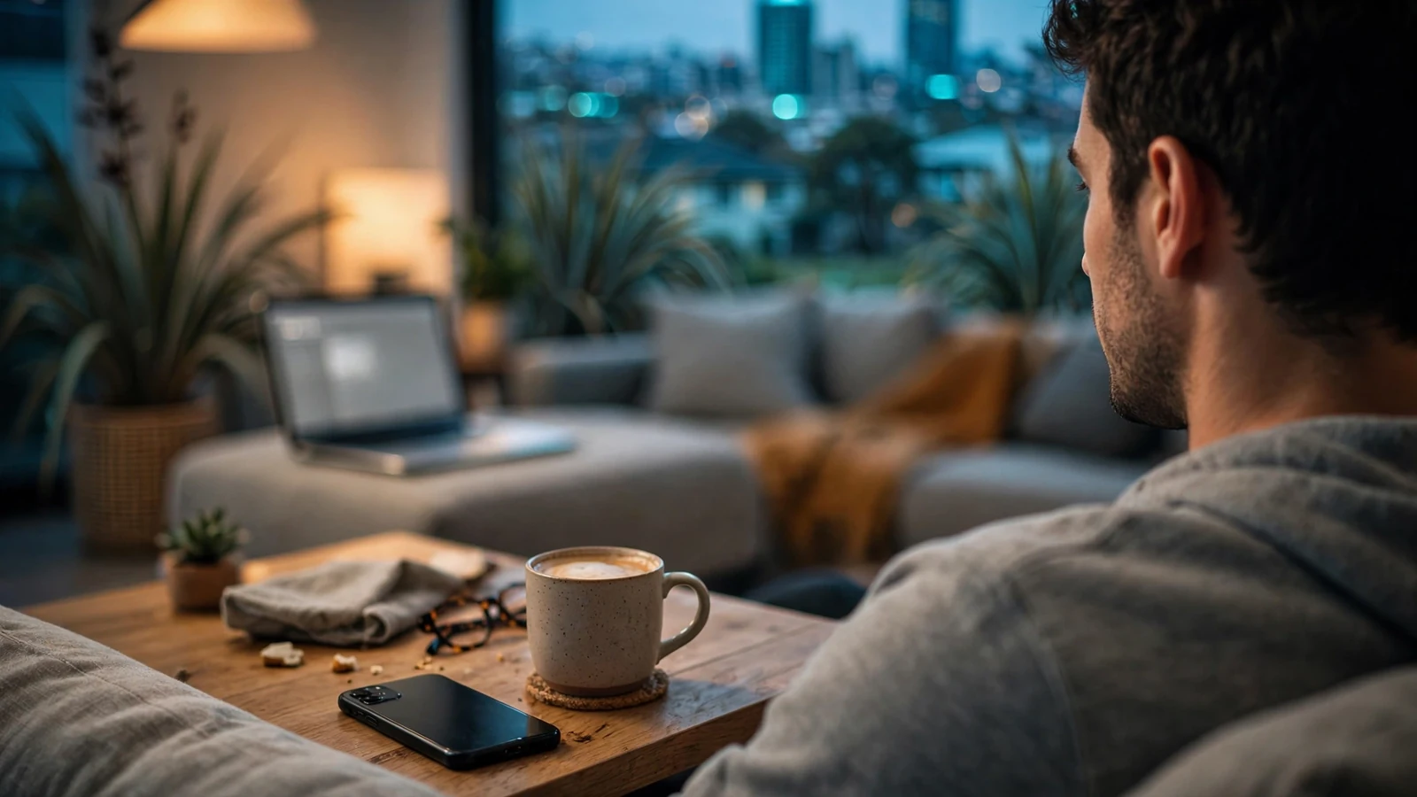 Person on couch with smartphone on coffee table, Auckland apartment