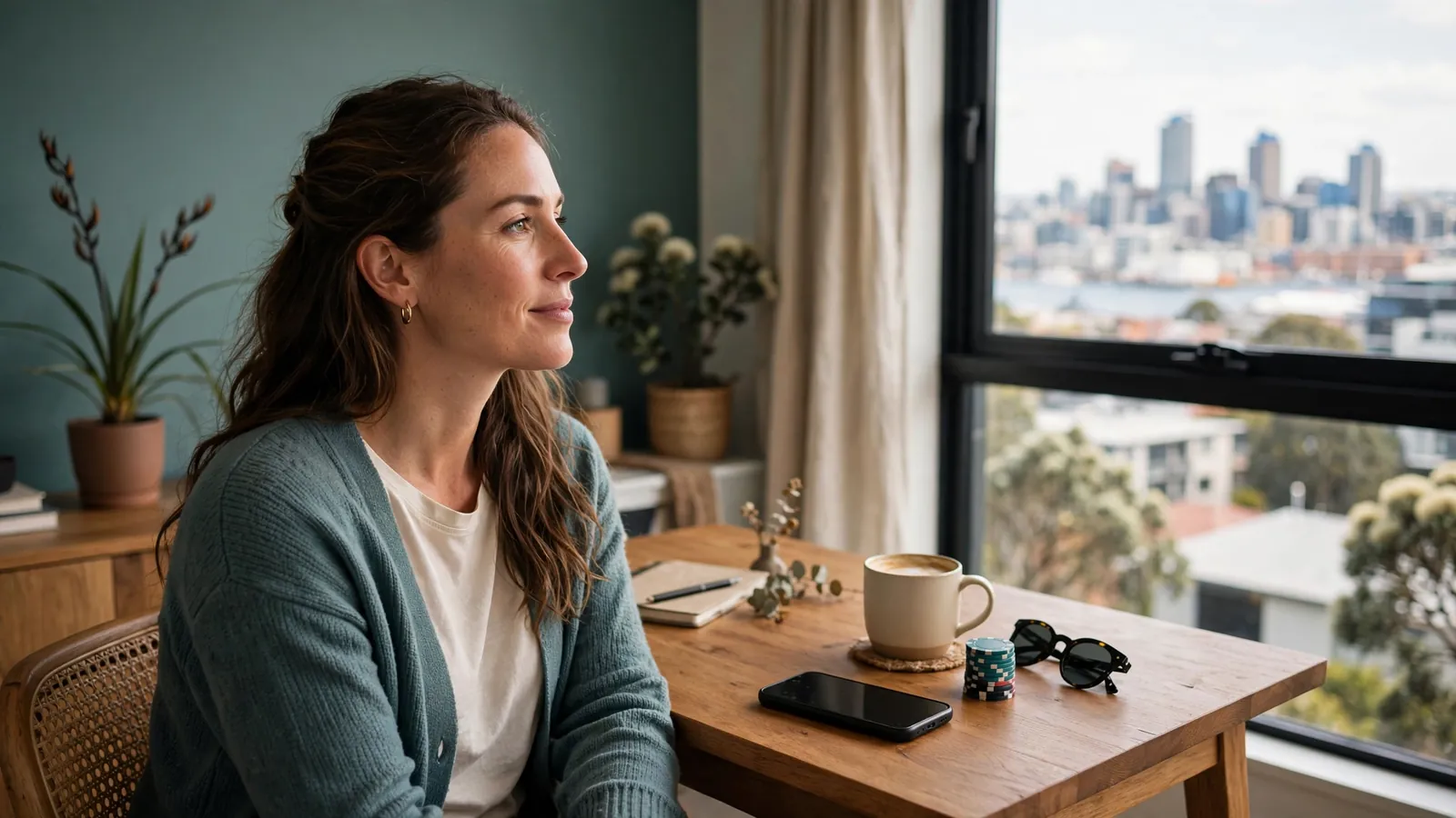 Smartphone on a desk with casino chips in a New Zealand apartment