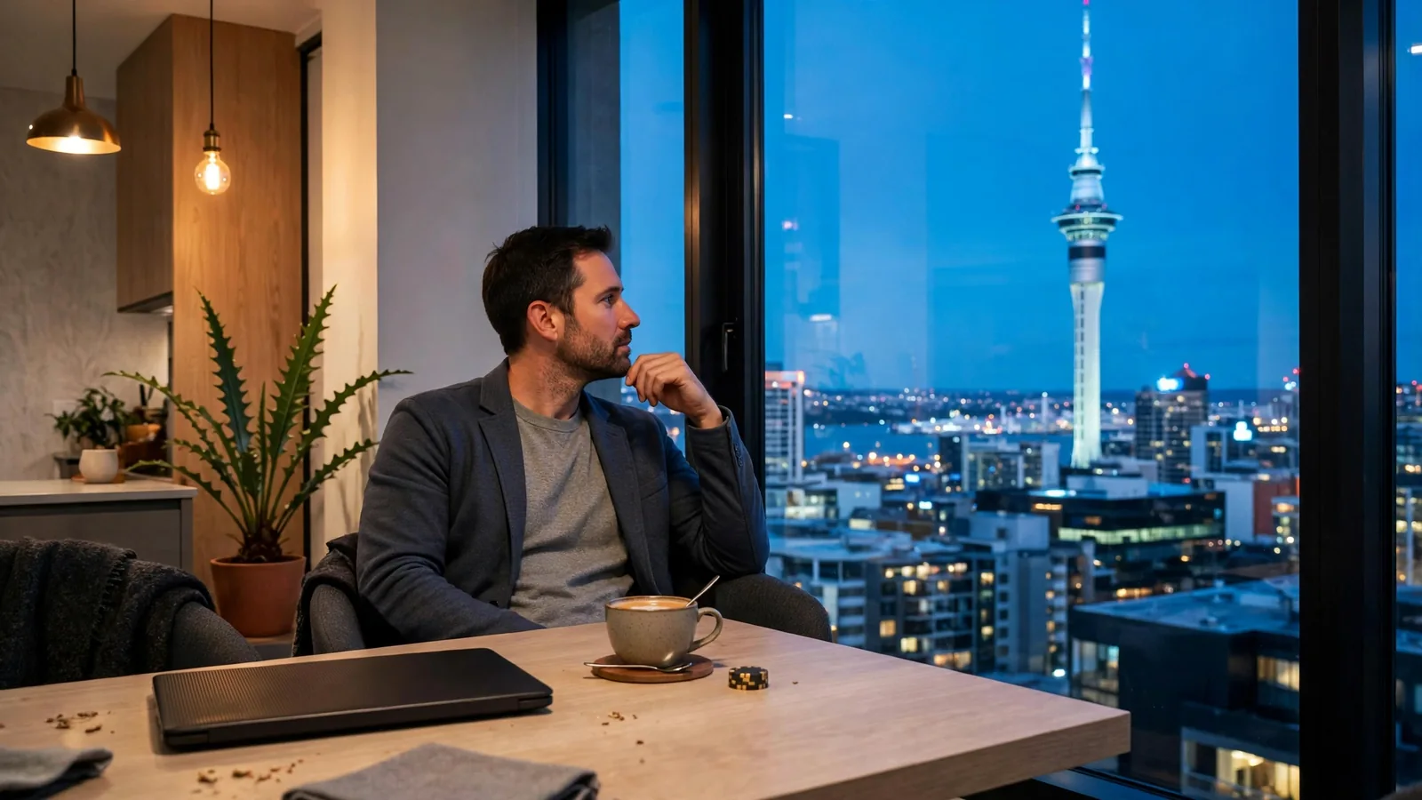 Auckland skyline at dusk with a person contemplating near a closed laptop