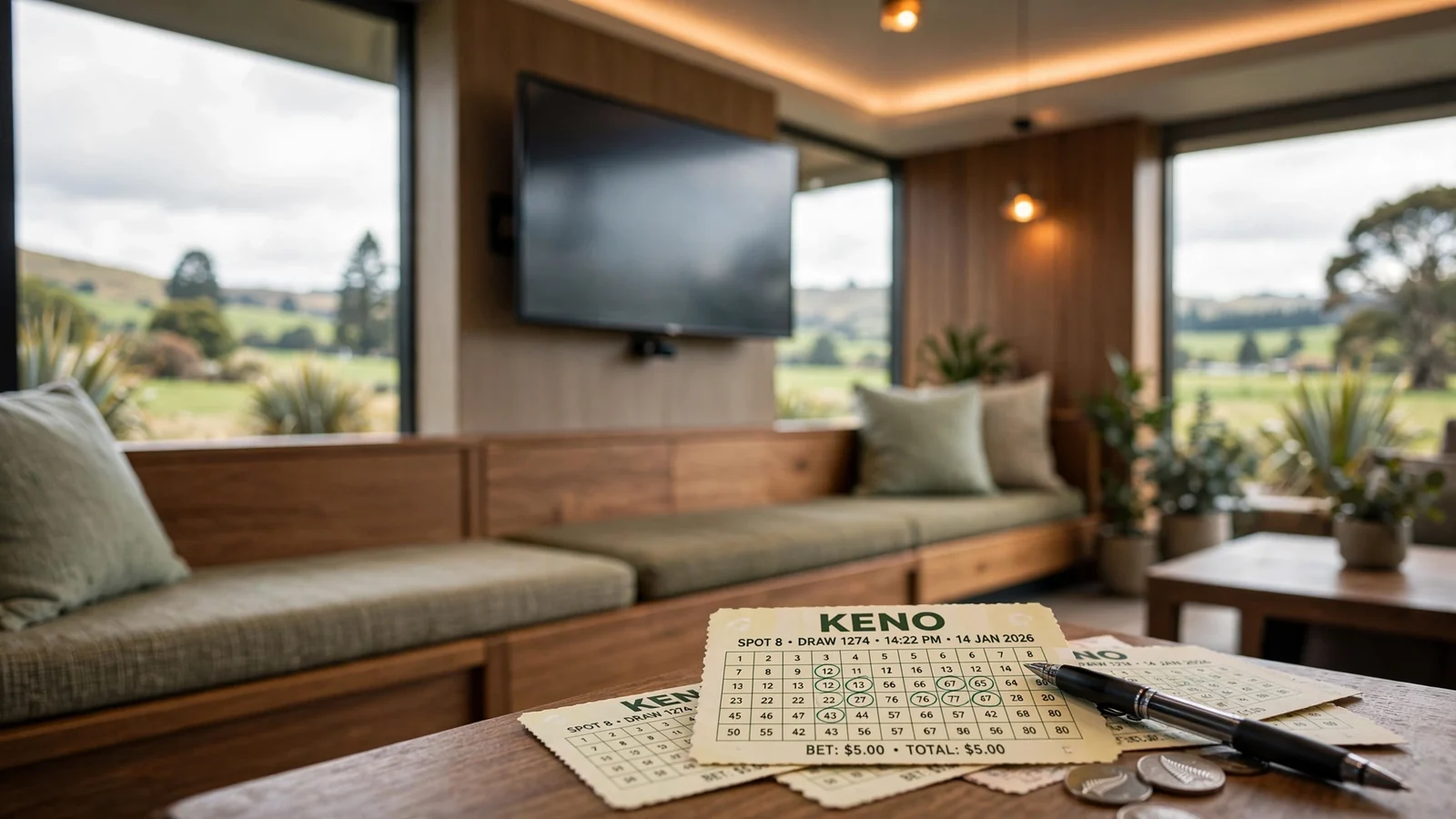 Modern New Zealand Keno lounge interior with tickets on a table and countryside view