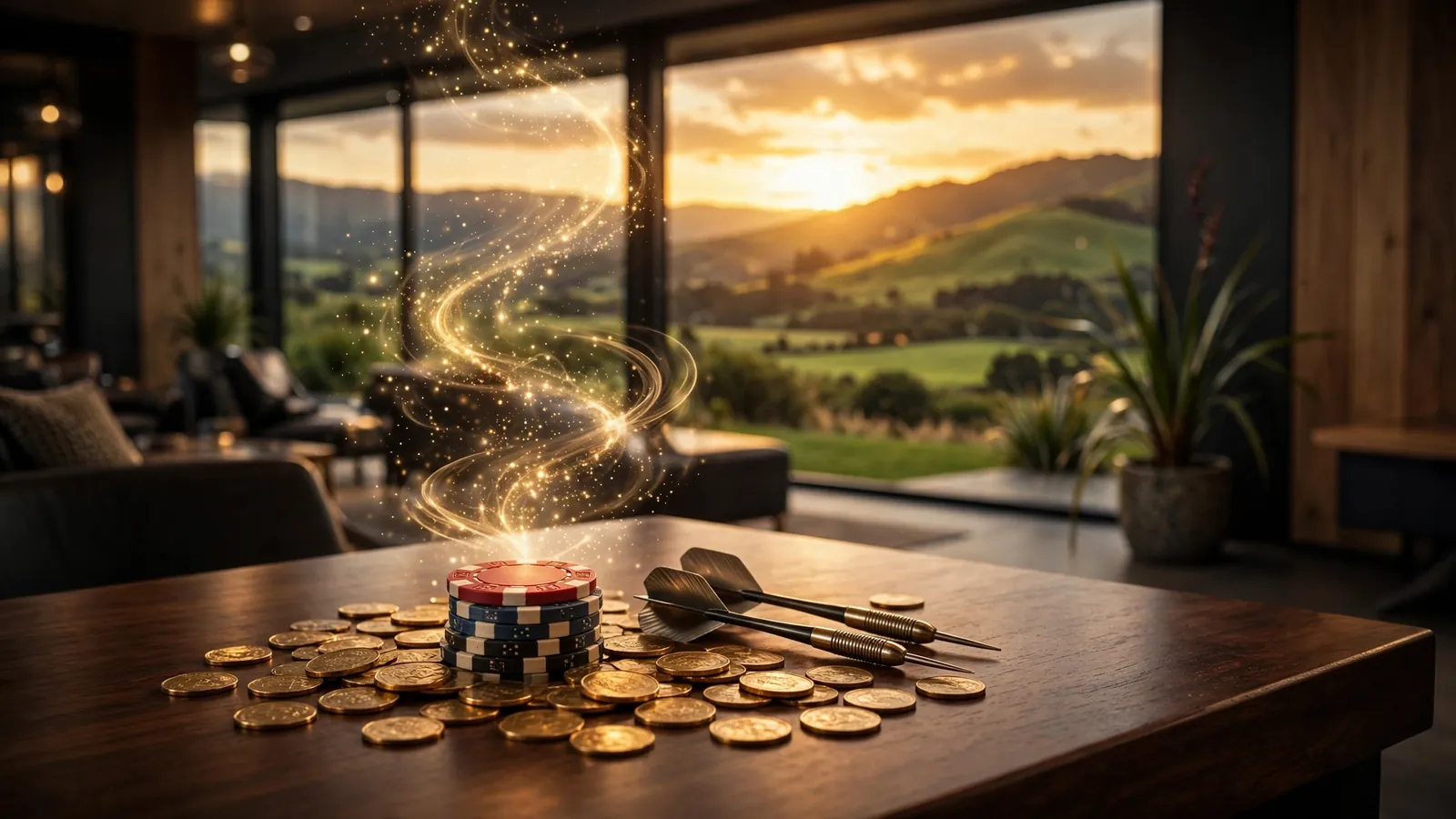 Casino chips and golden coins on a dark wooden bar with New Zealand hills at sunset