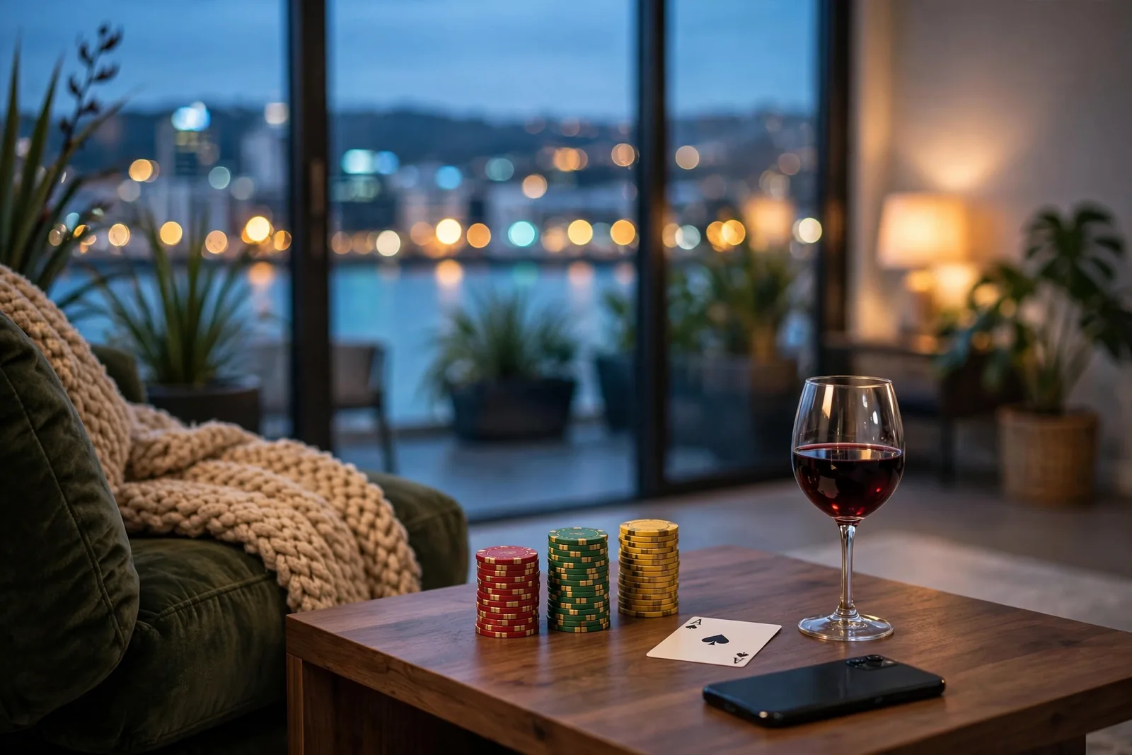 Casino chips and a card on a lounge table with Auckland skyline at dusk