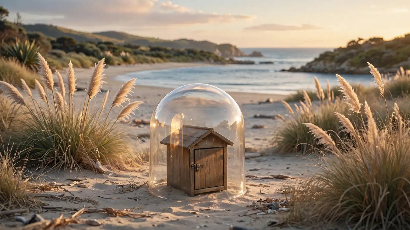 Glass dome protecting a mailbox on a New Zealand beach at sunset.