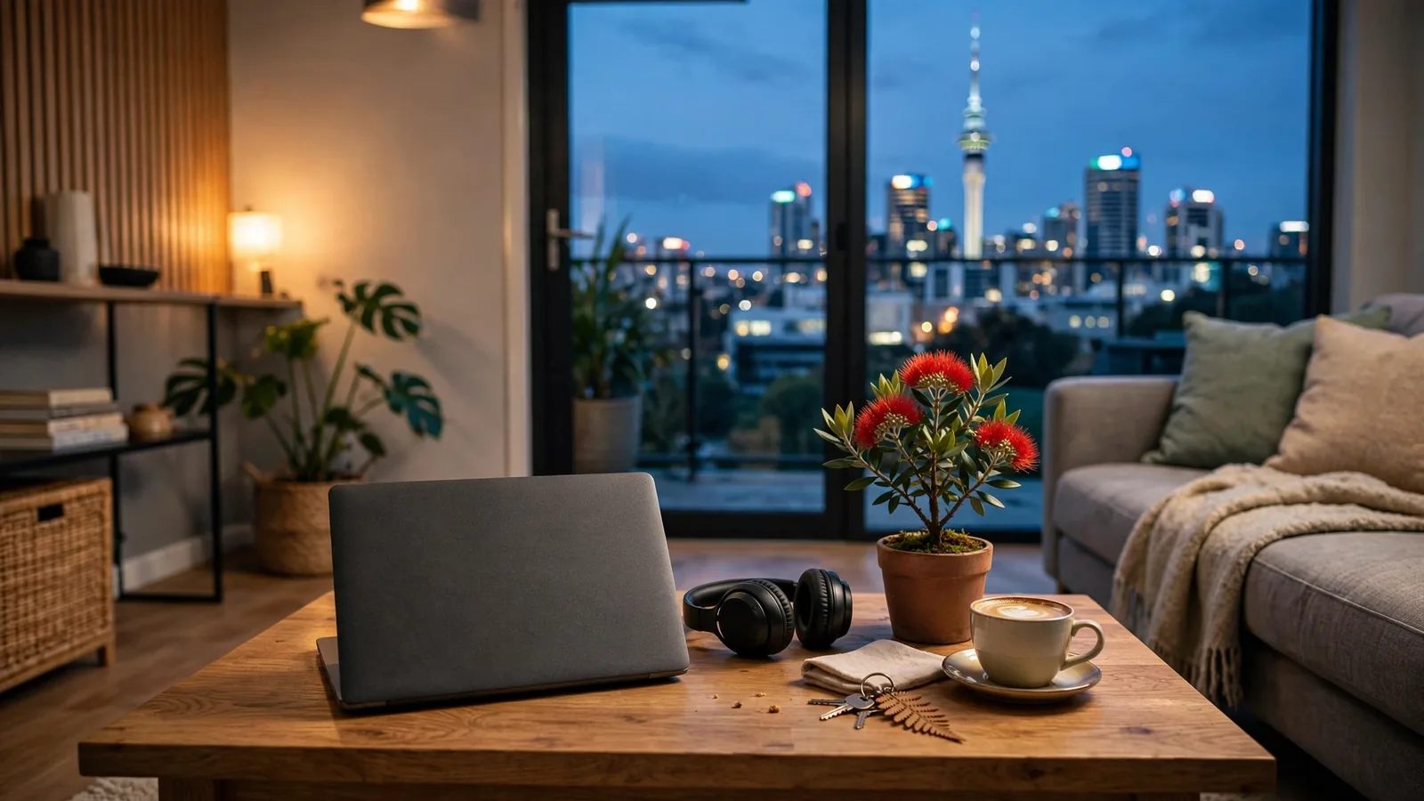 Cozy New Zealand home scene with closed laptop, coffee, and city skyline at dusk