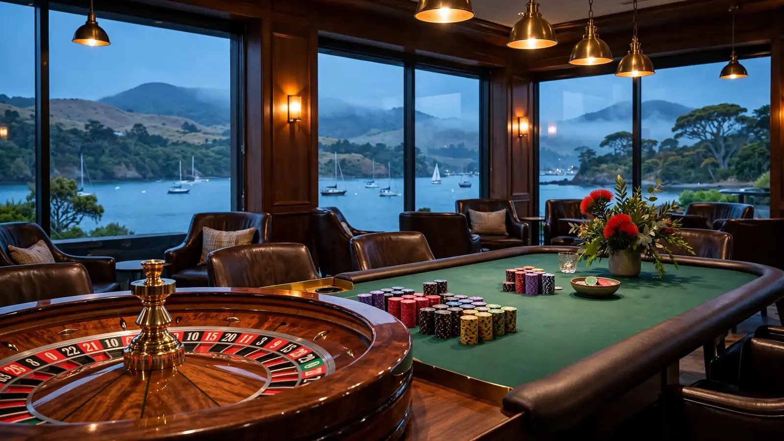 Casino roulette table with chips overlooking New Zealand harbor at twilight
