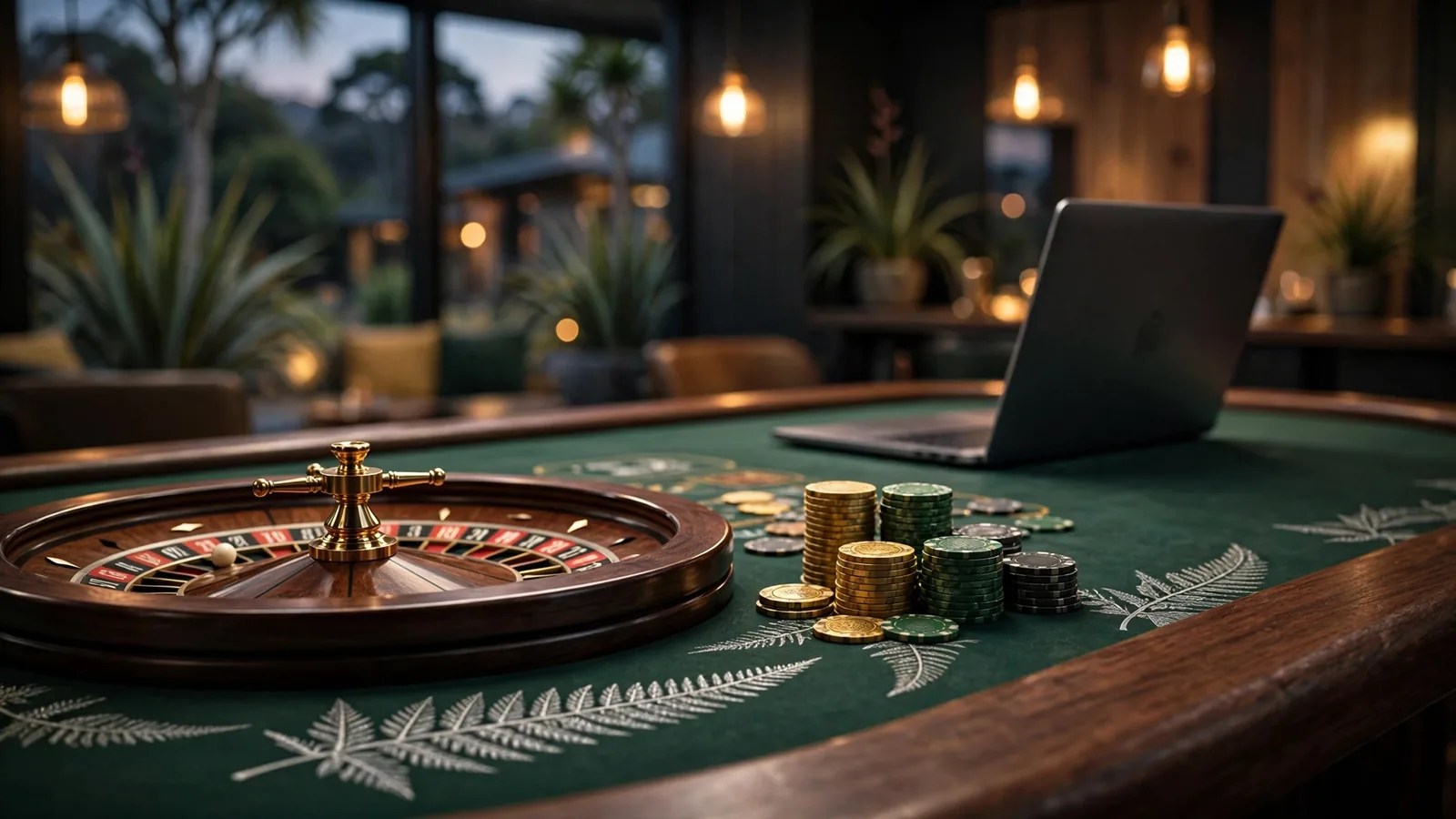Stylized casino table with roulette wheel and chips, New Zealand evening atmosphere