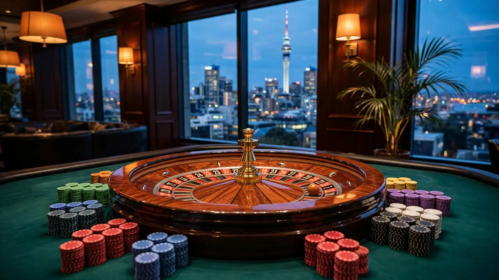 Roulette wheel with chips on a casino table overlooking Auckland skyline at dusk
