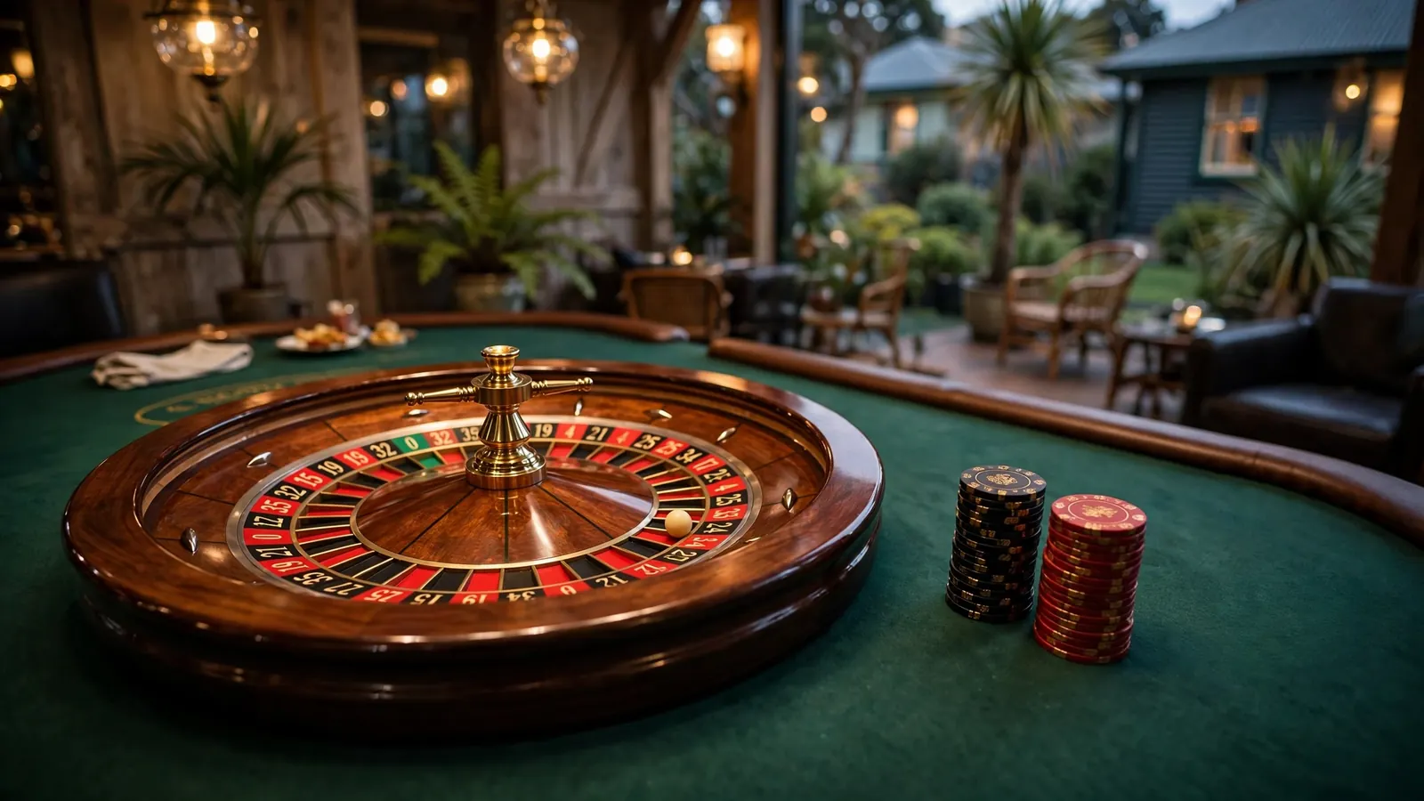 Elegant European roulette wheel on a green casino table with chips nearby