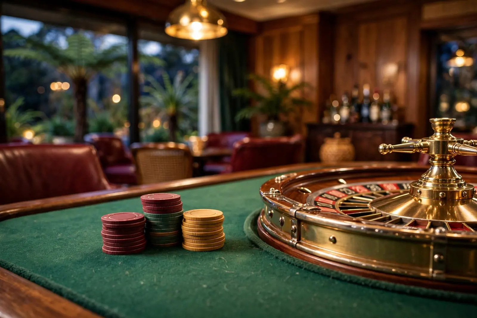 Roulette wheel and chips on a casino table