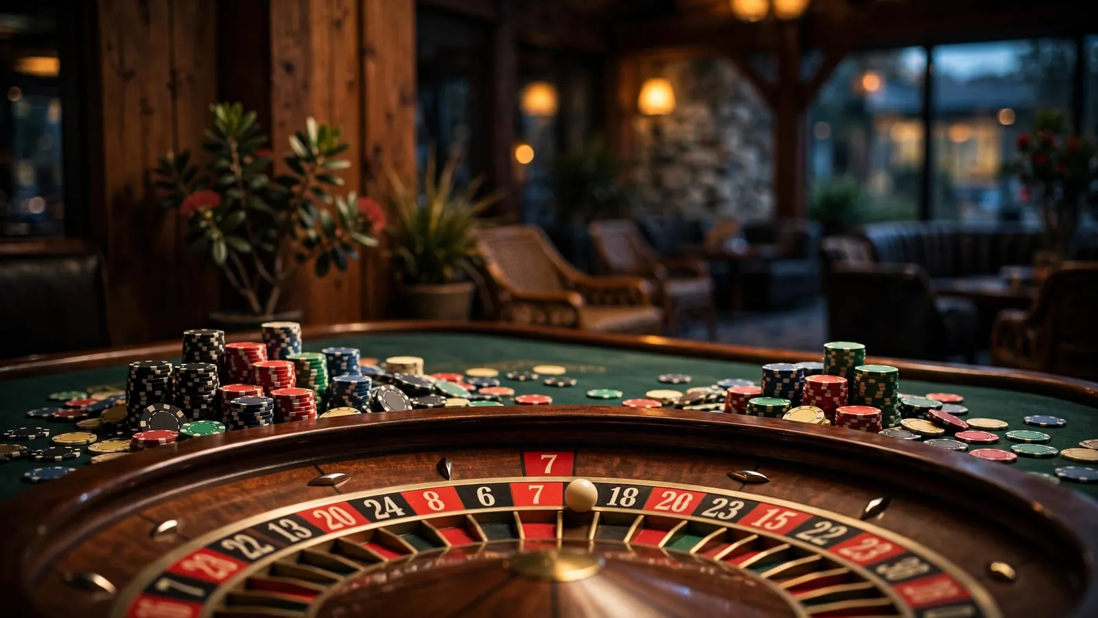 Roulette wheel with chips in a dim New Zealand casino, conveying betting risk and strategy