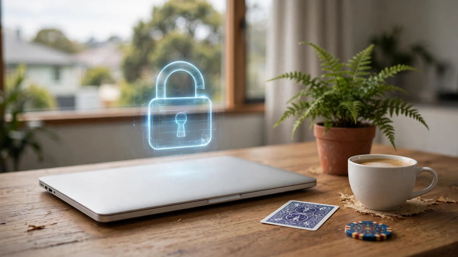 Laptop with padlock icon on a desk in a modern New Zealand apartment, with a casino chip nearby, symbolizing online casino safety.