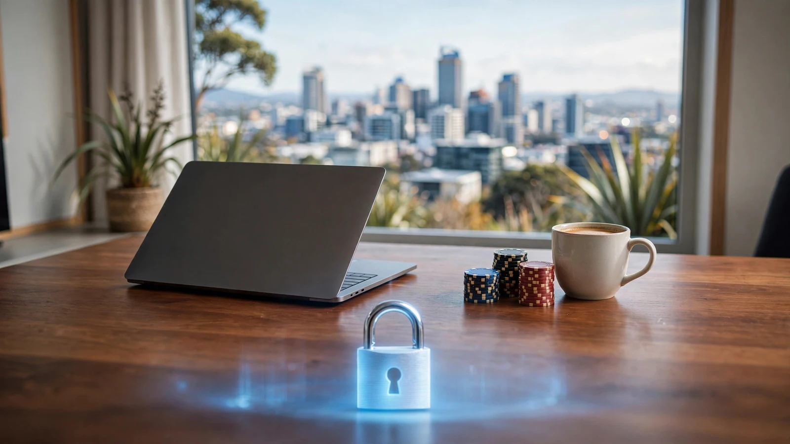 Secured laptop with padlock and casino chips on a desk in Auckland apartment