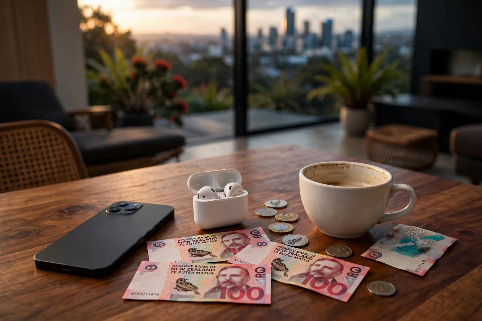 Smartphone, coffee, and New Zealand money on a table at dusk