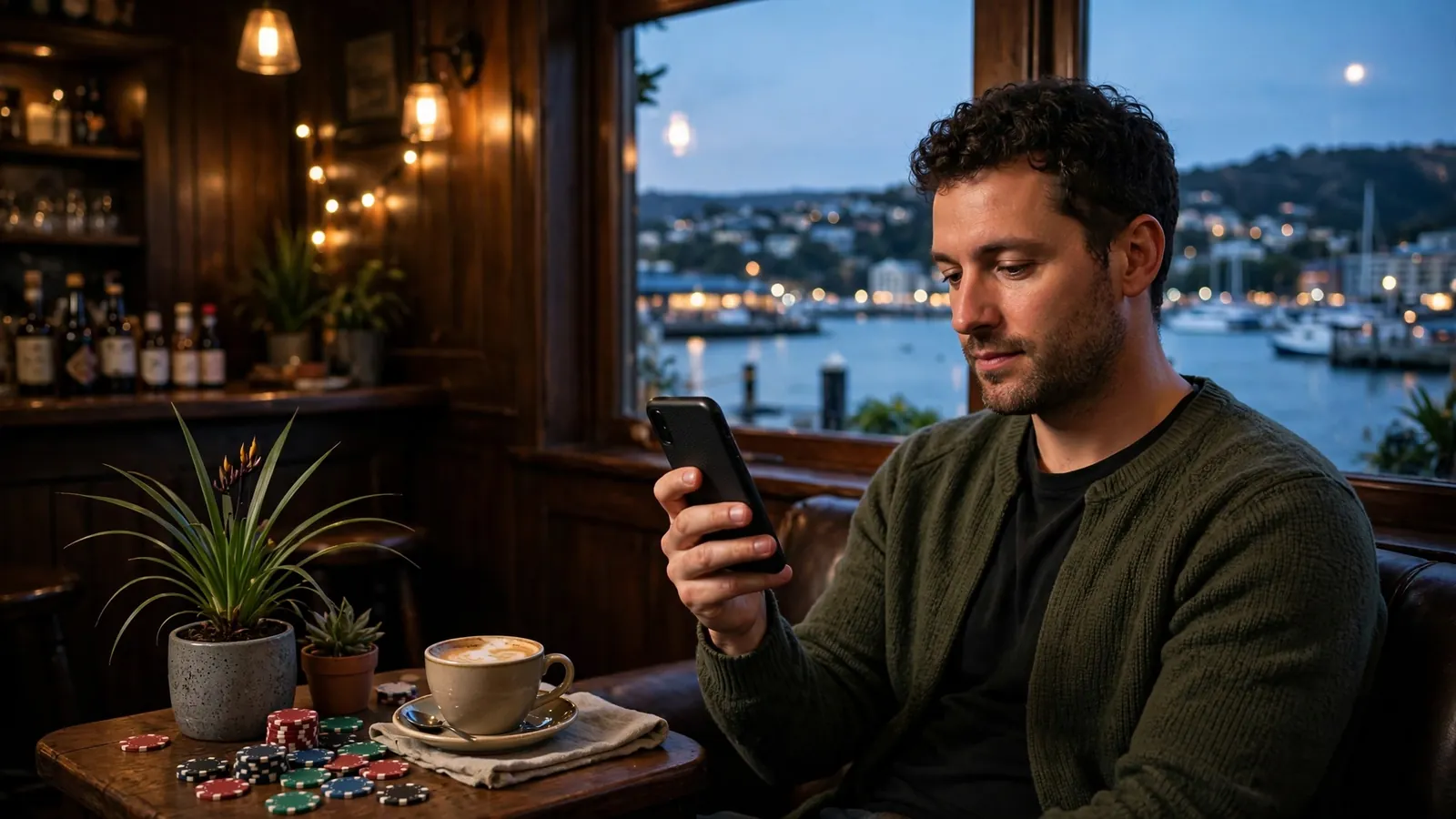 New Zealand player with phone and casino chips in a gaming lounge