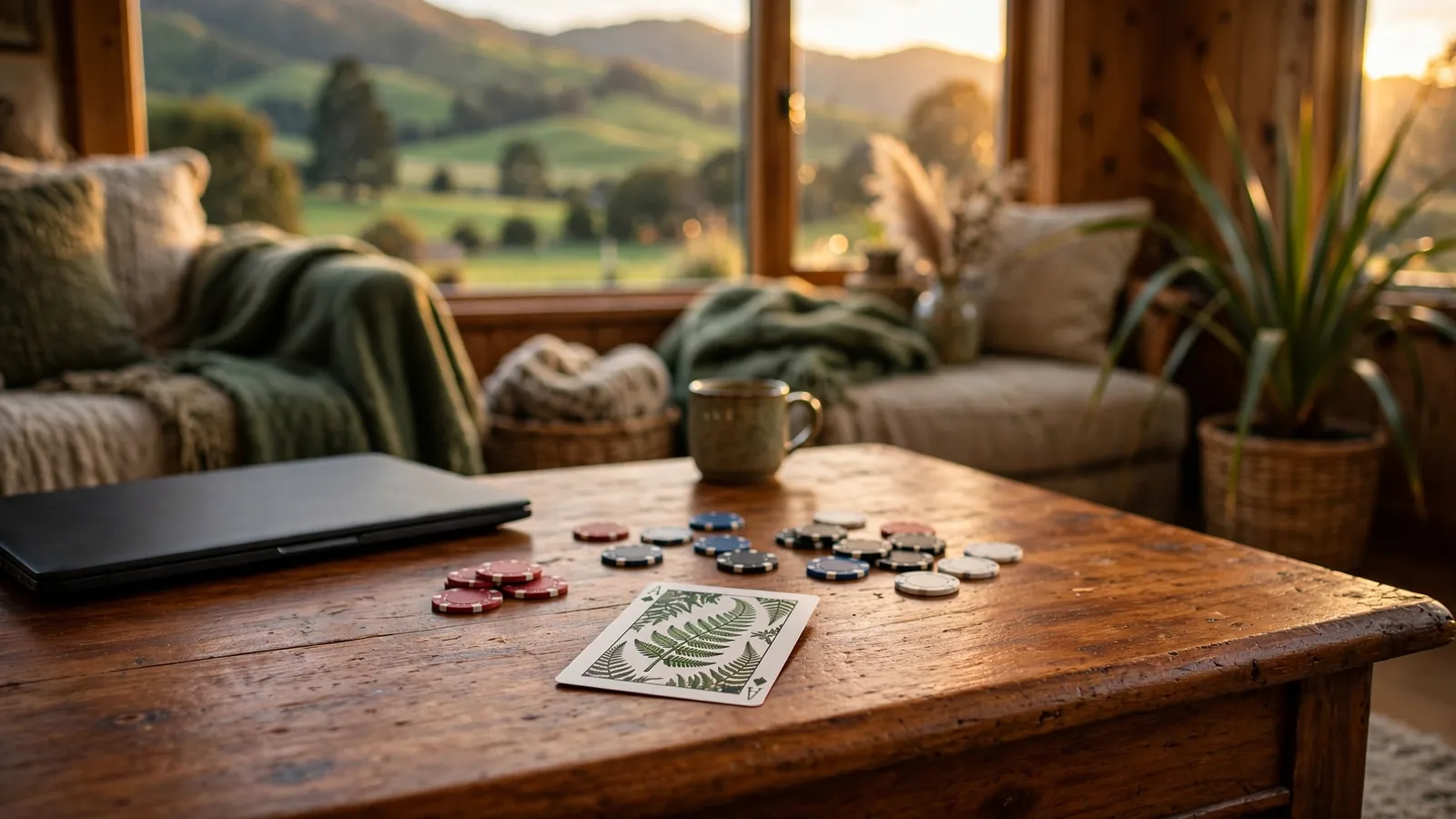 Casino chips and a fern card on a wooden table in a New Zealand home at sunset