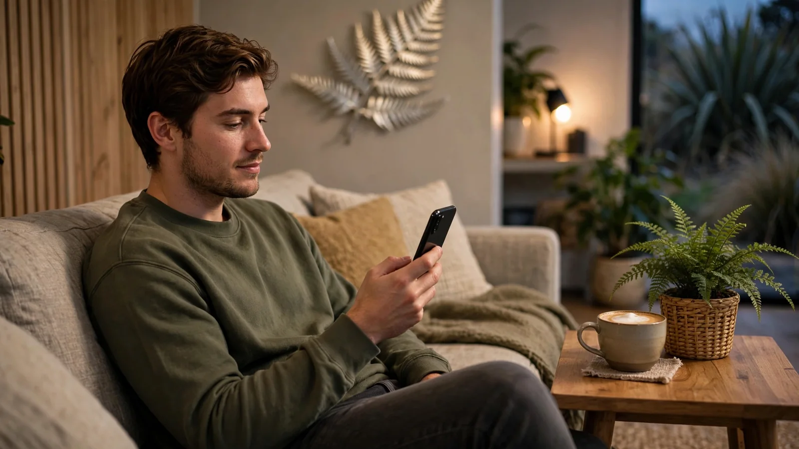 Person relaxing at home in New Zealand using smartphone in the evening