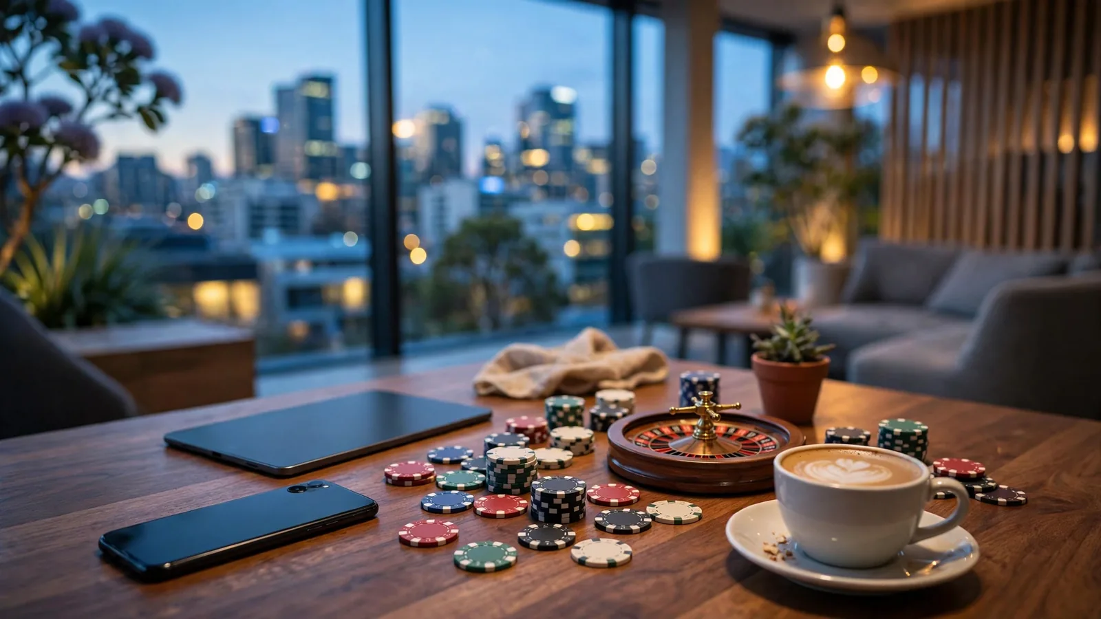Casino chips, smartphone and roulette wheel on a wooden table with Auckland skyline view at twilight.