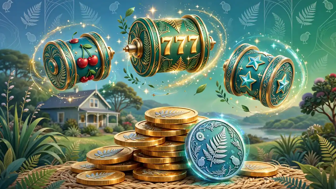 Colorful slot reels, golden chips, and New Zealand fern accents illustrating free spins theme