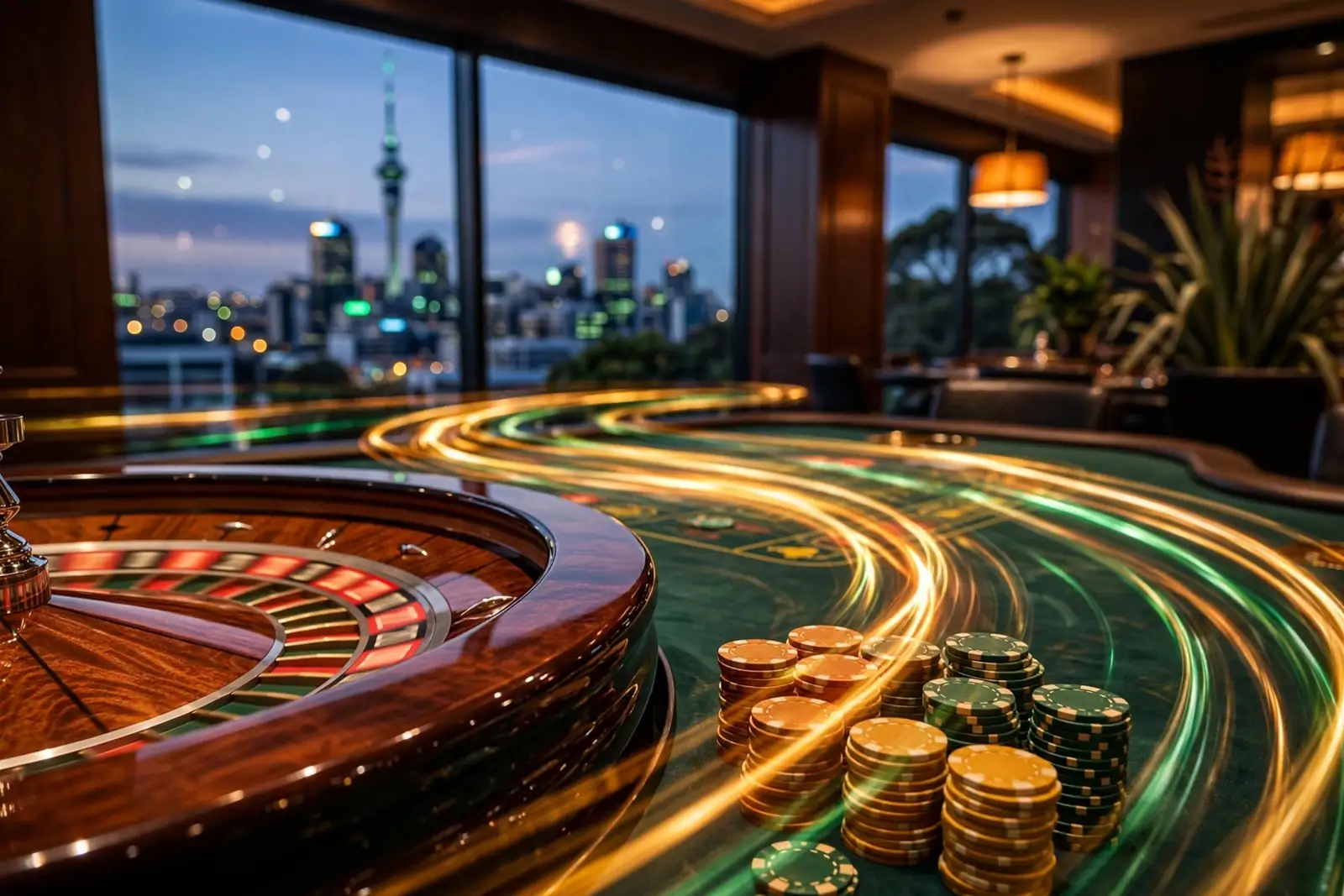 Dramatic close-up of a roulette table with Auckland skyline in background