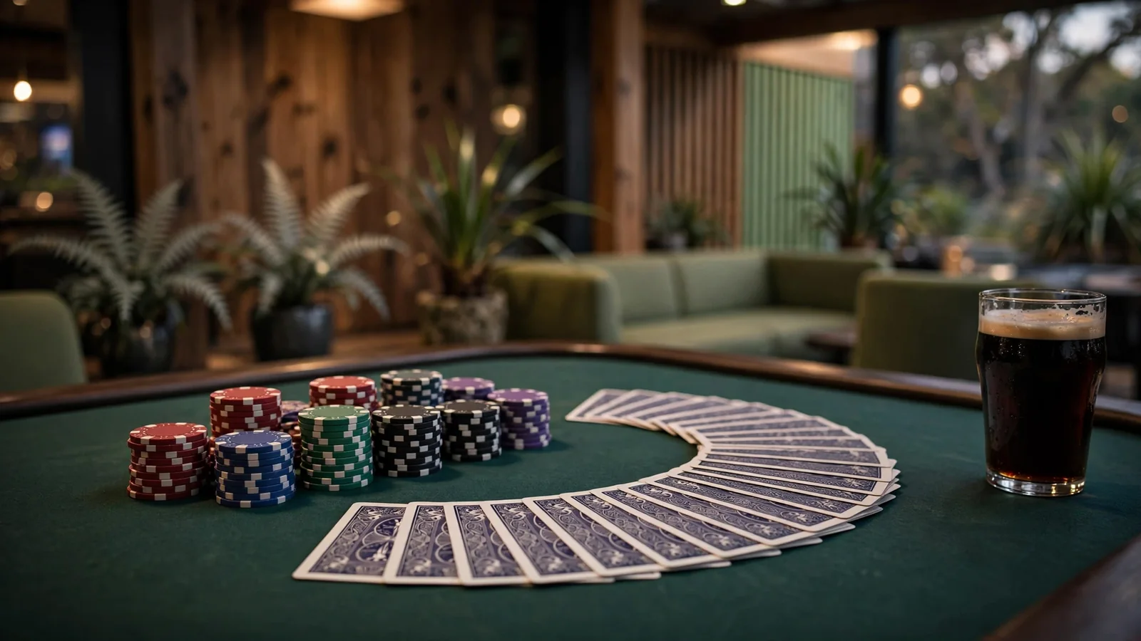 Casino card table with chips and cards in a New Zealand gaming lounge