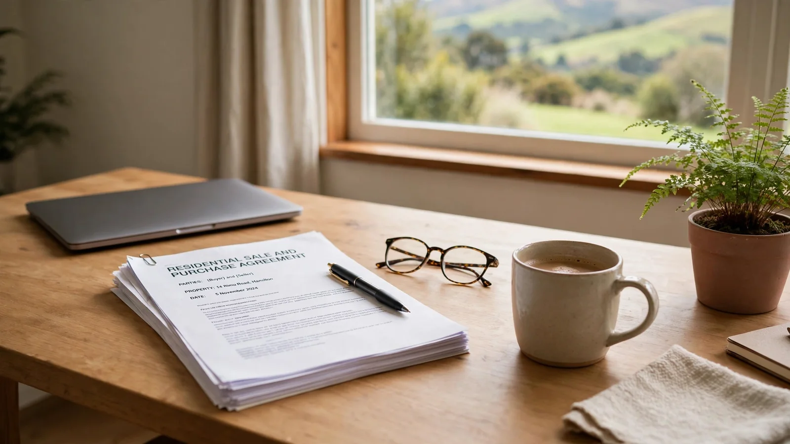 Closed laptop beside printed terms document on a New Zealand home desk