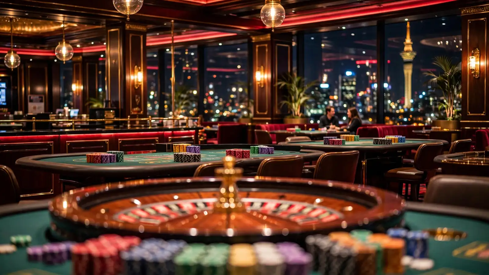 Glamorous casino interior with roulette table and Auckland skyline visible through windows at night.