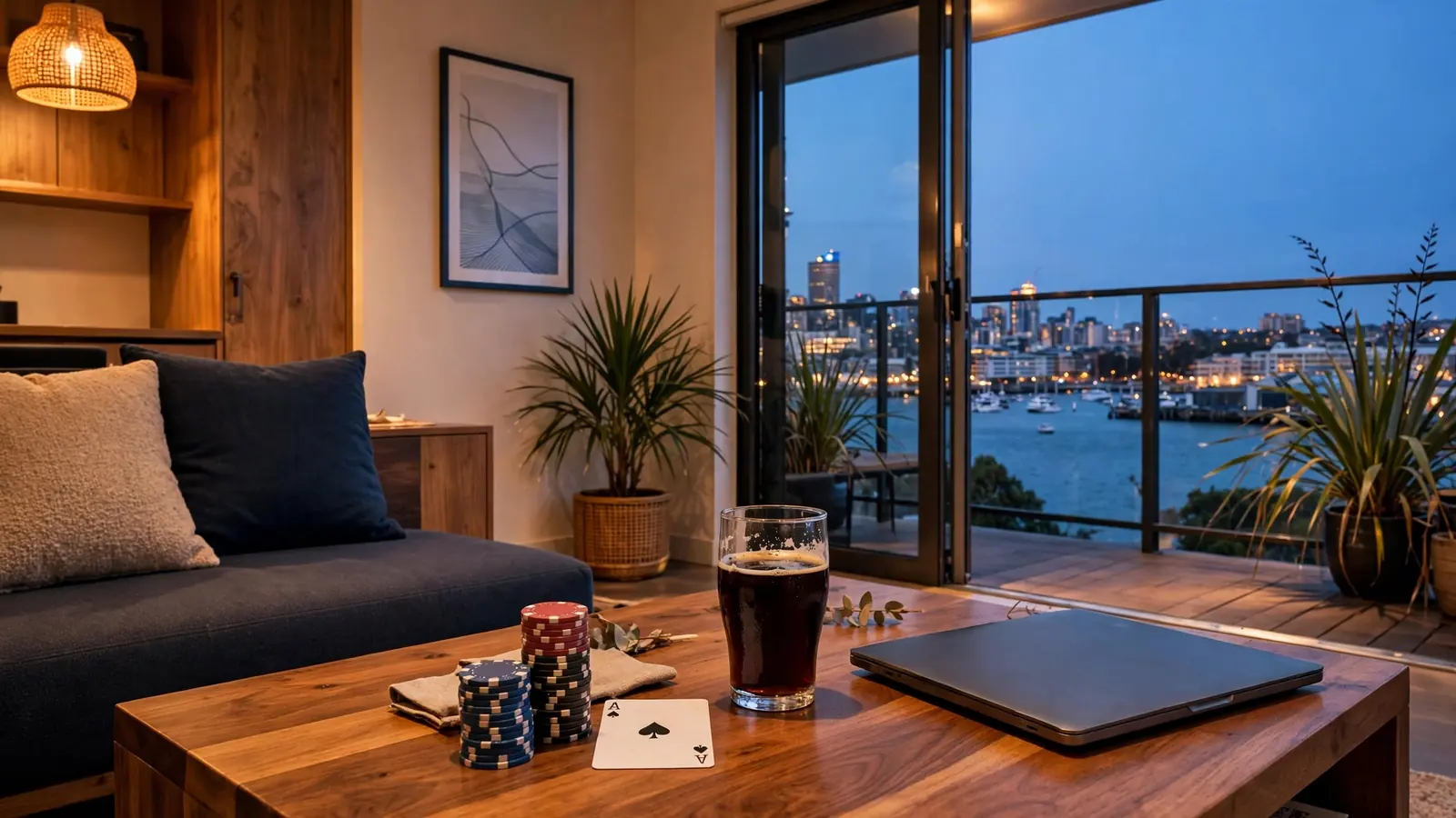 Casino chips and card on a coffee table in a modern Auckland apartment at dusk.