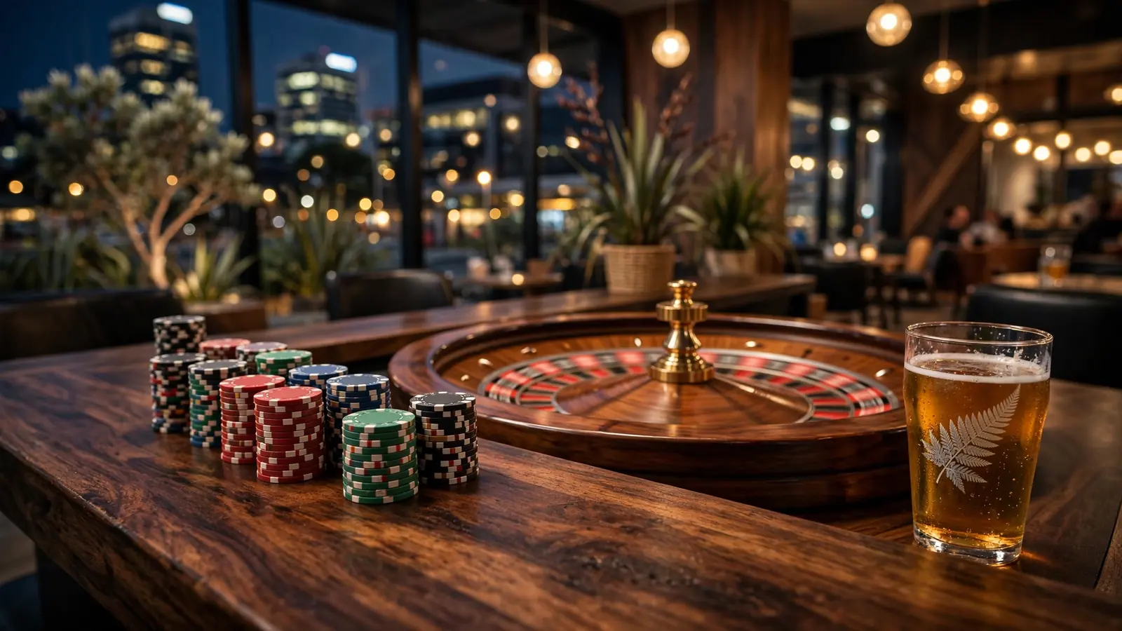 Casino chips and roulette wheel on a bar counter in a modern Auckland lounge.