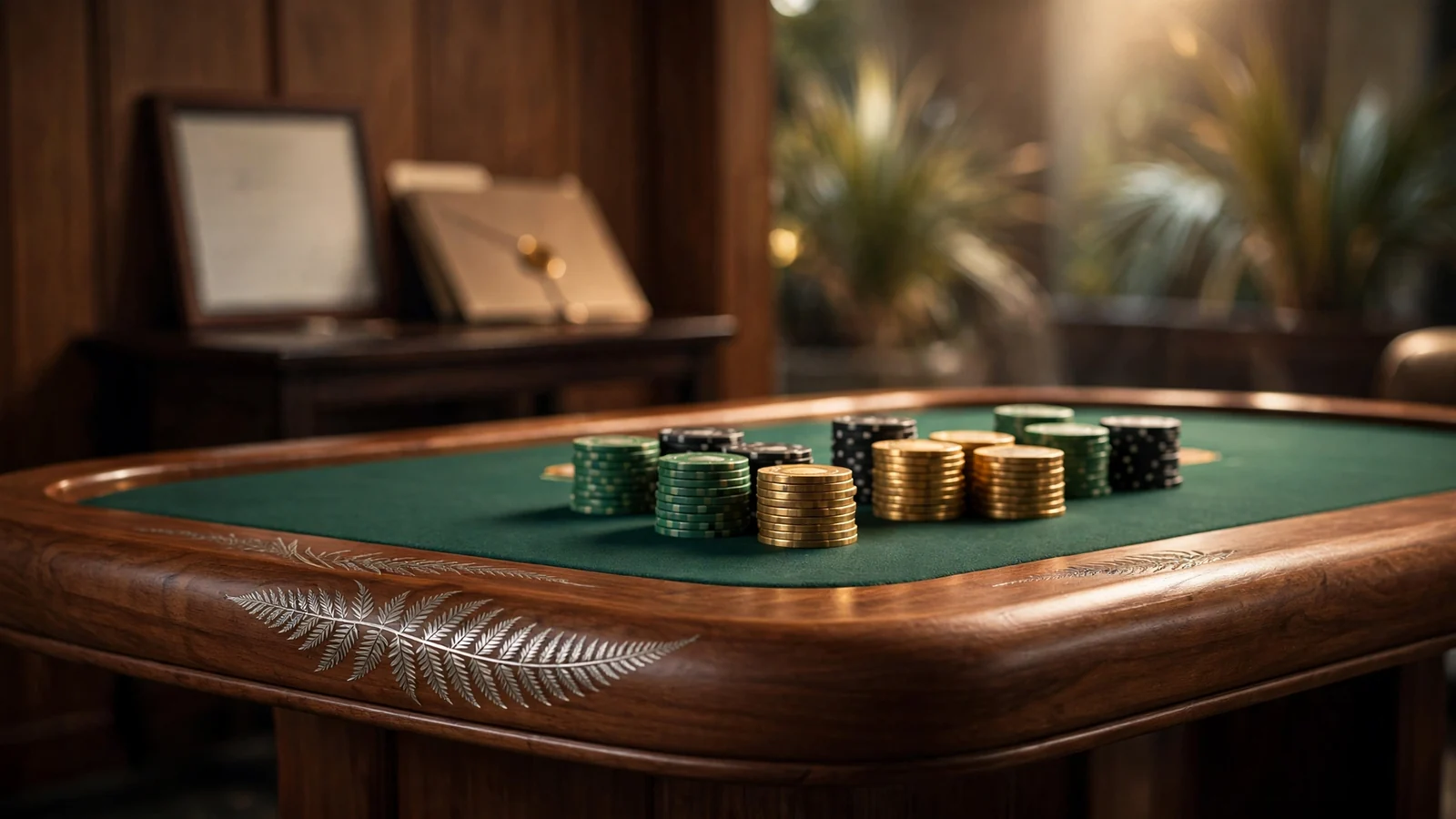 Casino chips stacked on a green felt table with a licence certificate, suggesting a trusted gambling venue in New Zealand.