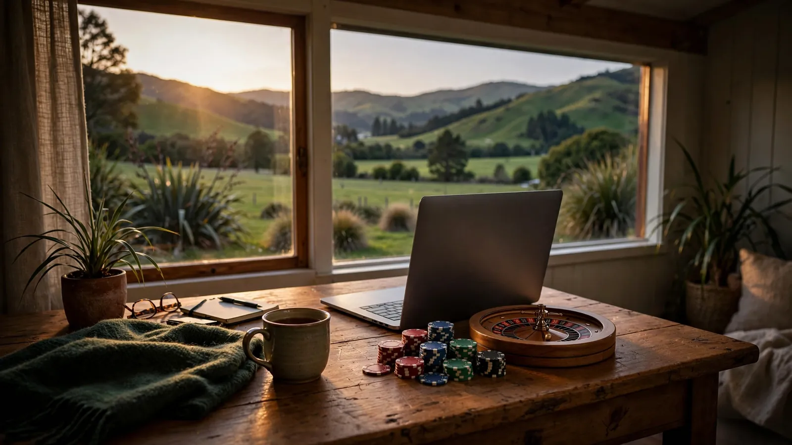 Laptop with casino chips on a desk in a New Zealand home at dusk